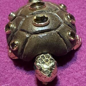 Vintage 14K Gold Turtle Brooch With Citrine Accents  Petrified Wood Shell 2" X 1